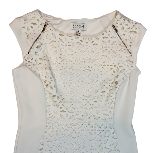 Enfocus Studio Ivory Sheath Dress Size 4 Floral Cutout Stretch Cocktail Party - Picture 7 of 16